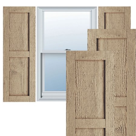 EKENA MILLWORK Rustic Two Equal Panel Flat Panel Rough Sawn Faux Wood Shutters (Per Pair), Primed Tan, 15"W x 72"H SHUFP15X72RSPR